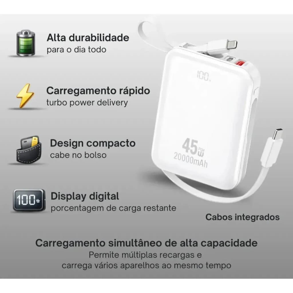 Mini power bank portátil 20.000 mAh com IOS e cabo Tipo C MUNDO