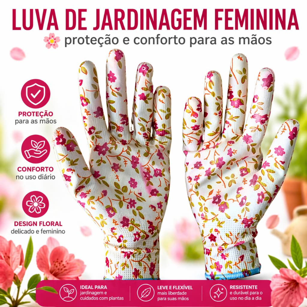 Luva de Jardinagem Feminina Floral Antiderrapante Confortável estampada