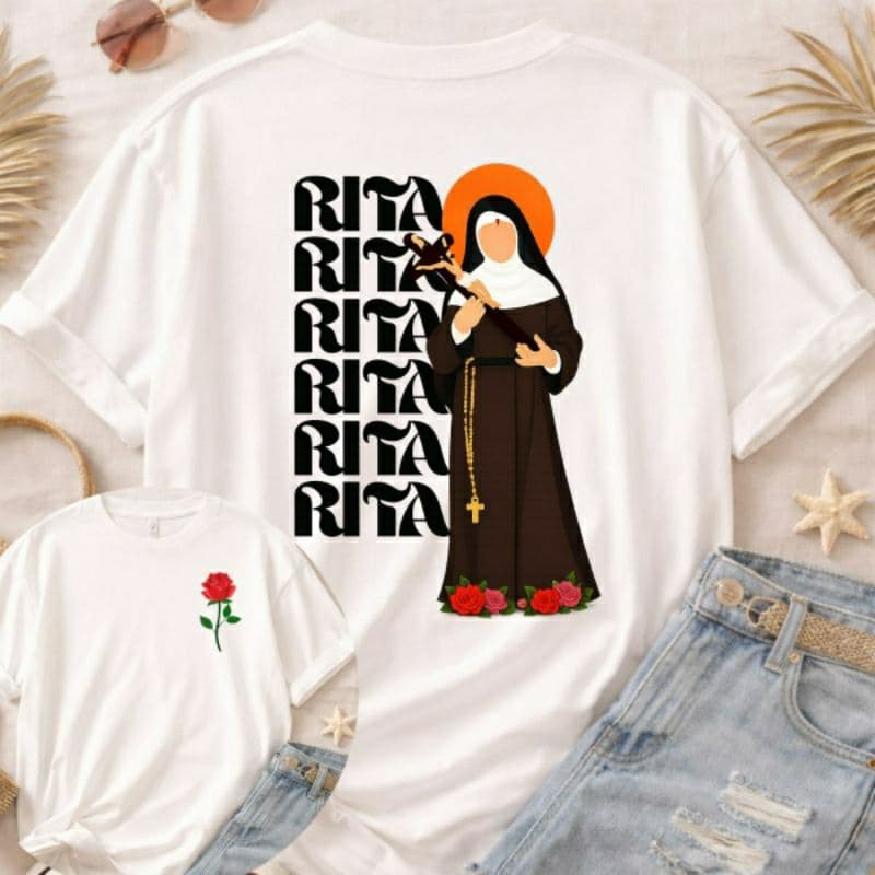 Camiseta Blusa Camisa Feminina Santa Rita Católica Moda Cristã Religiosa Igreja Fé Algodão