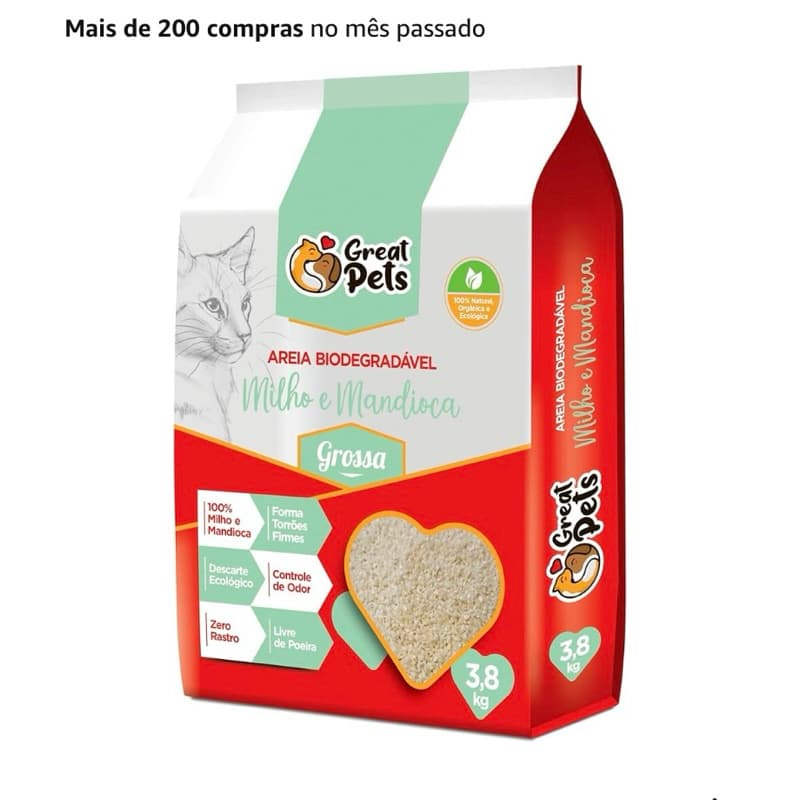 Great Pets Areia Higiênica Biodegradável Milho e Mandioca Grossa 2Kg