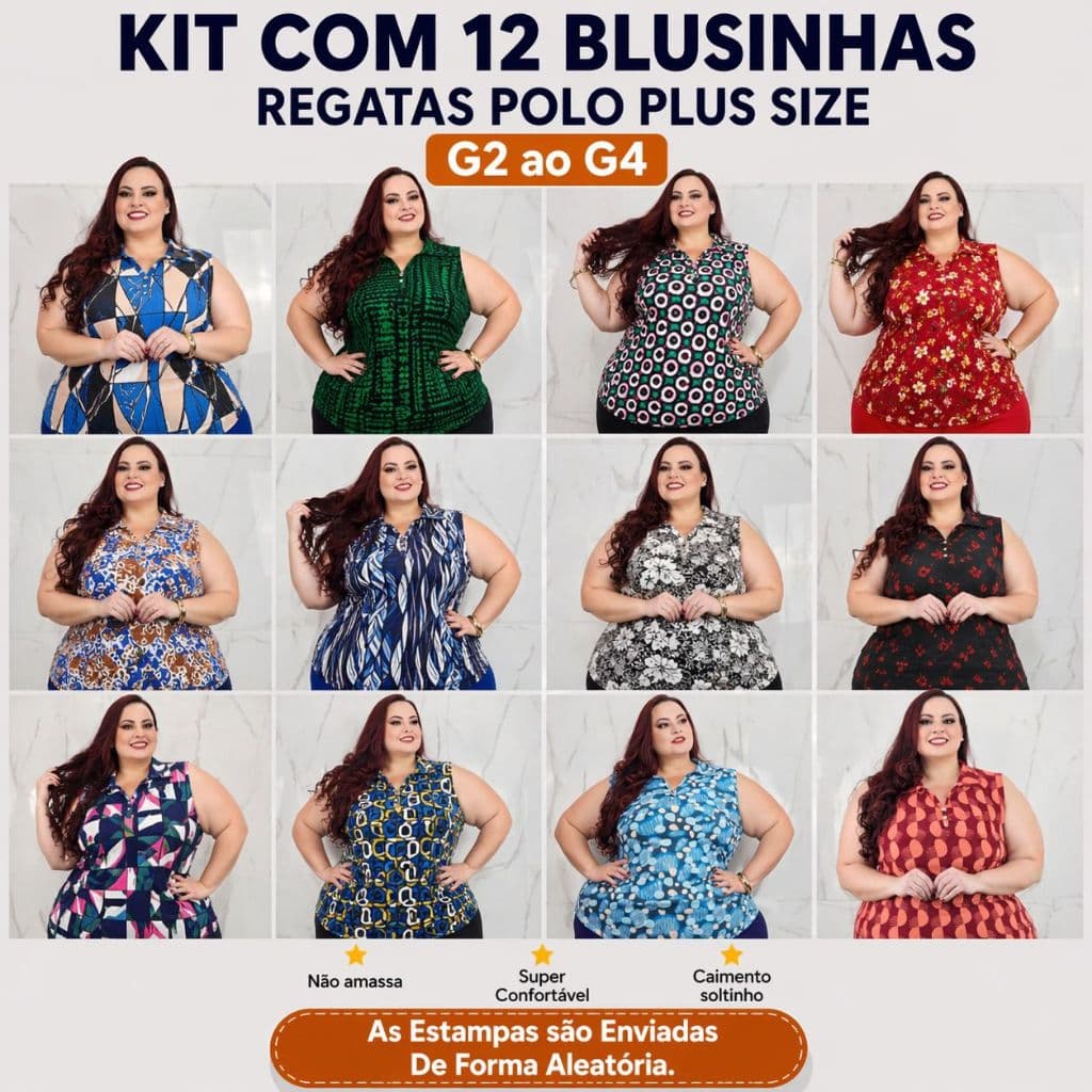 Kit 12 Regatas Plus Size Feminina G2 G3 G4 Moda Verão Leve Confortável Oferta Imperdível Atacado