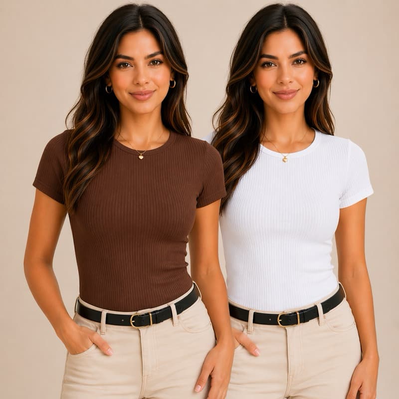 Kit 2 Blusa Canelada Manga Curta Moda Feminina