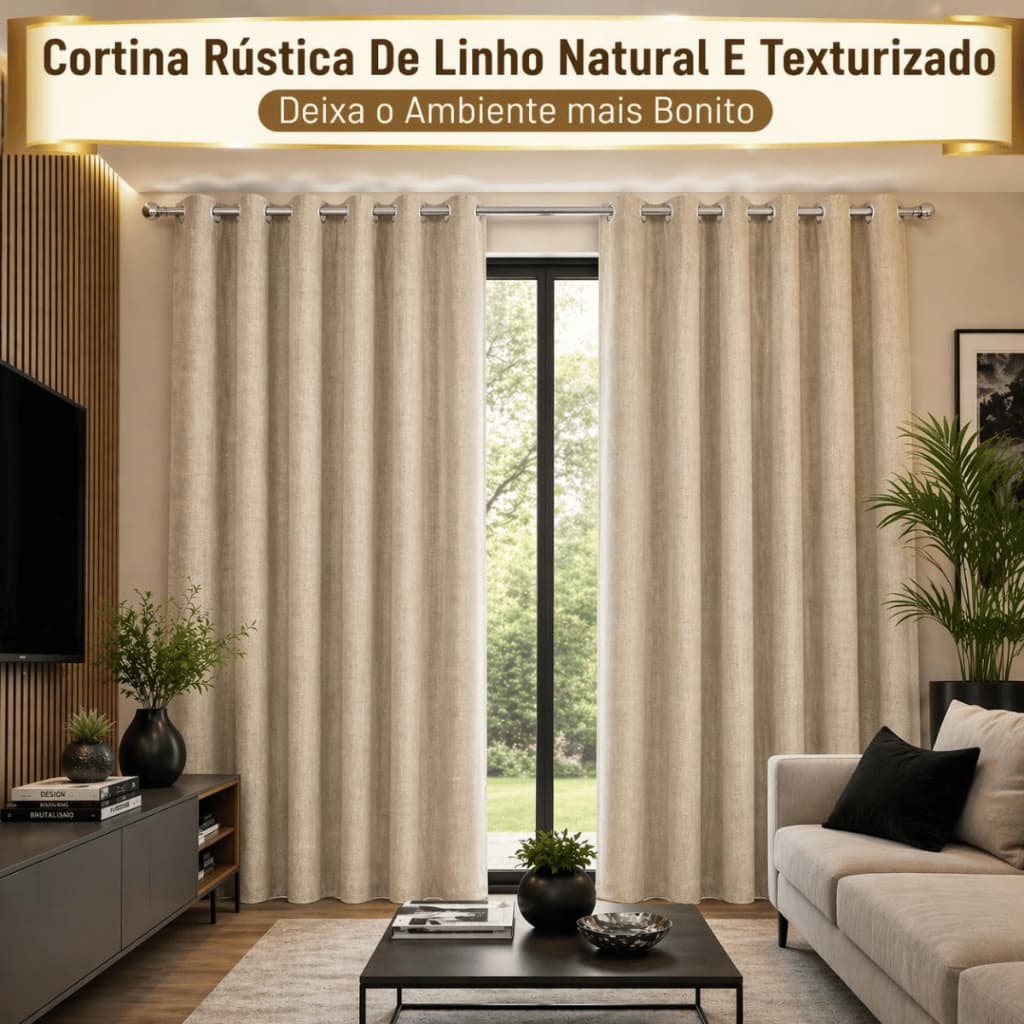 Cortina Rústica De Linho Natural E Texturizado 3,00m x 2,30m Para Sala