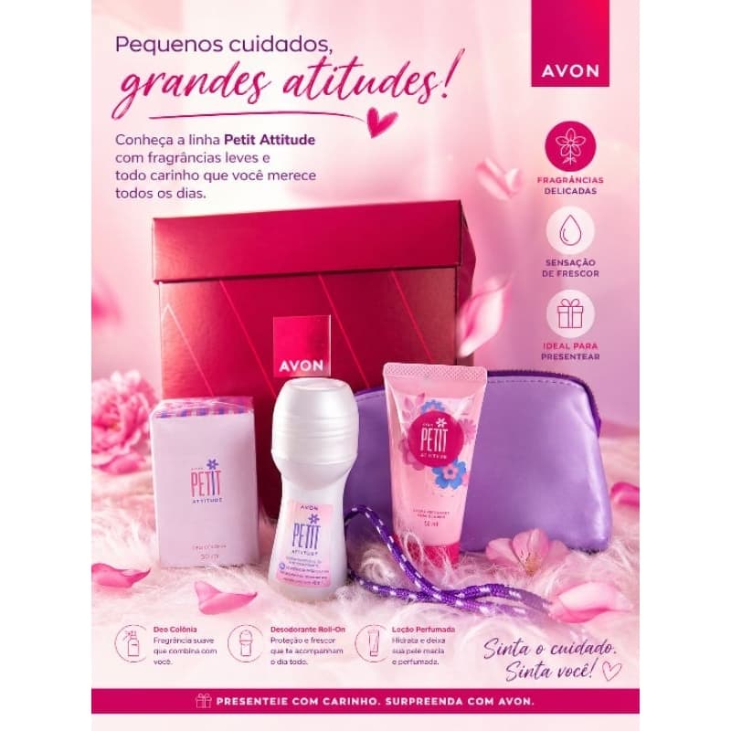 kit Petit da Avon. Contém 1 Colônia Petit Attitude, 1 rollon antitranspirante, 1 Hidratante Corporal 50ml e 1 bolsa.