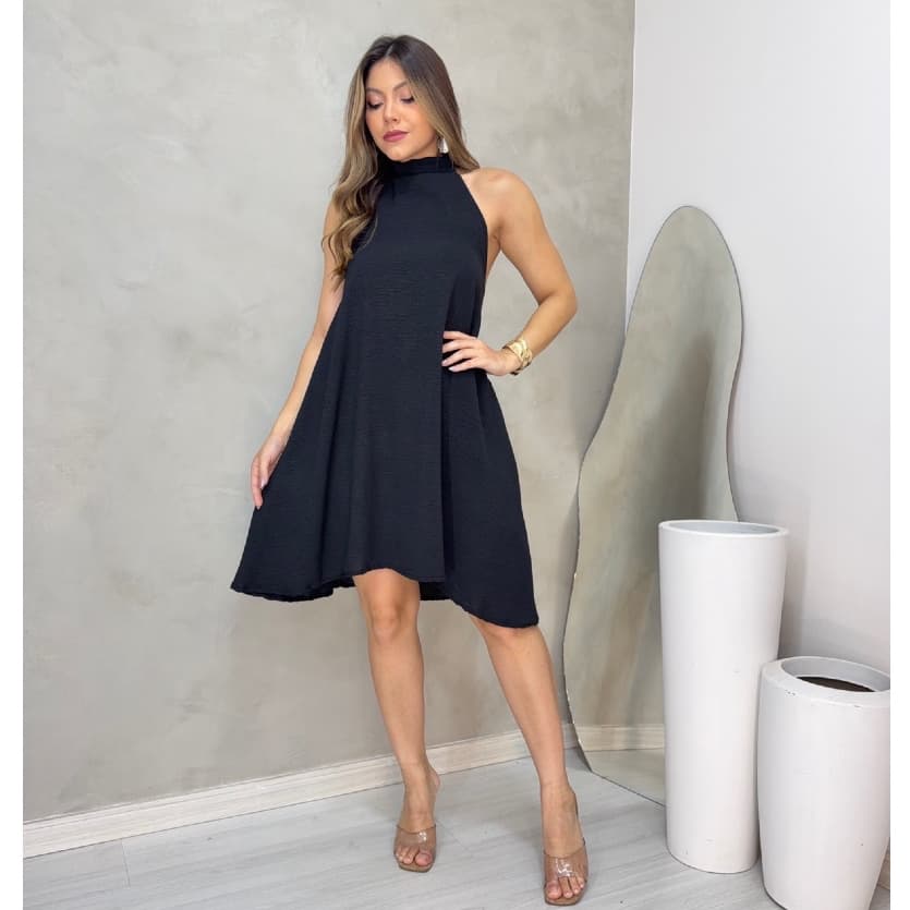 Vestido Feminino Curto Soltinho Elegante Costas Aberta Gola Alta Leve Confortável