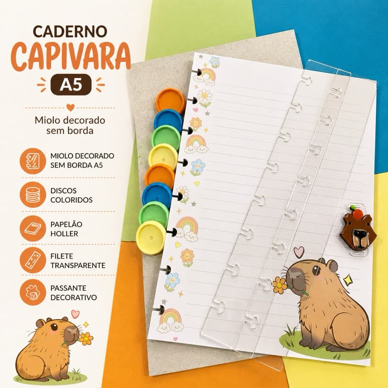 Refil Capivara Fofa A5 folhas decoradas kit