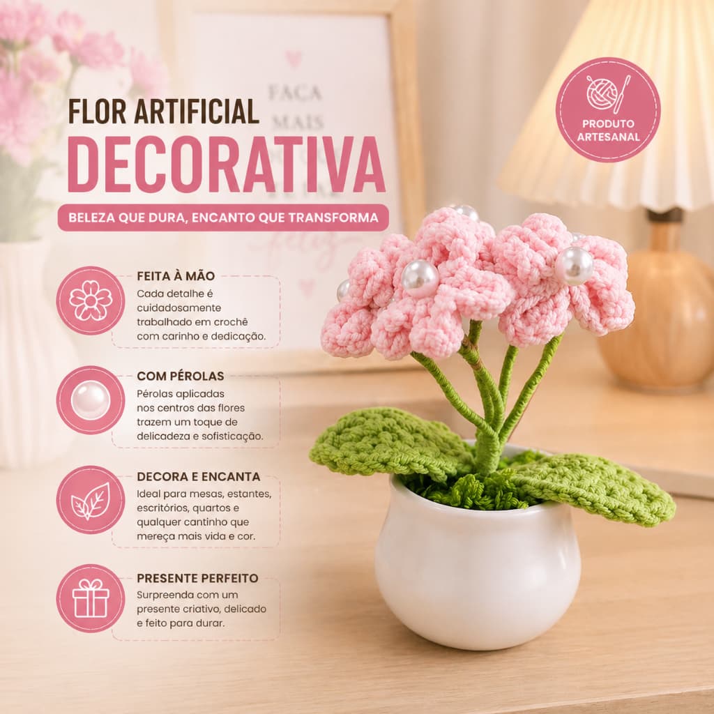 Flor Crochê Decorativa com Vaso Presente Dia das Mães Artesanal Mesa Sala Quarto Decoração Sortida