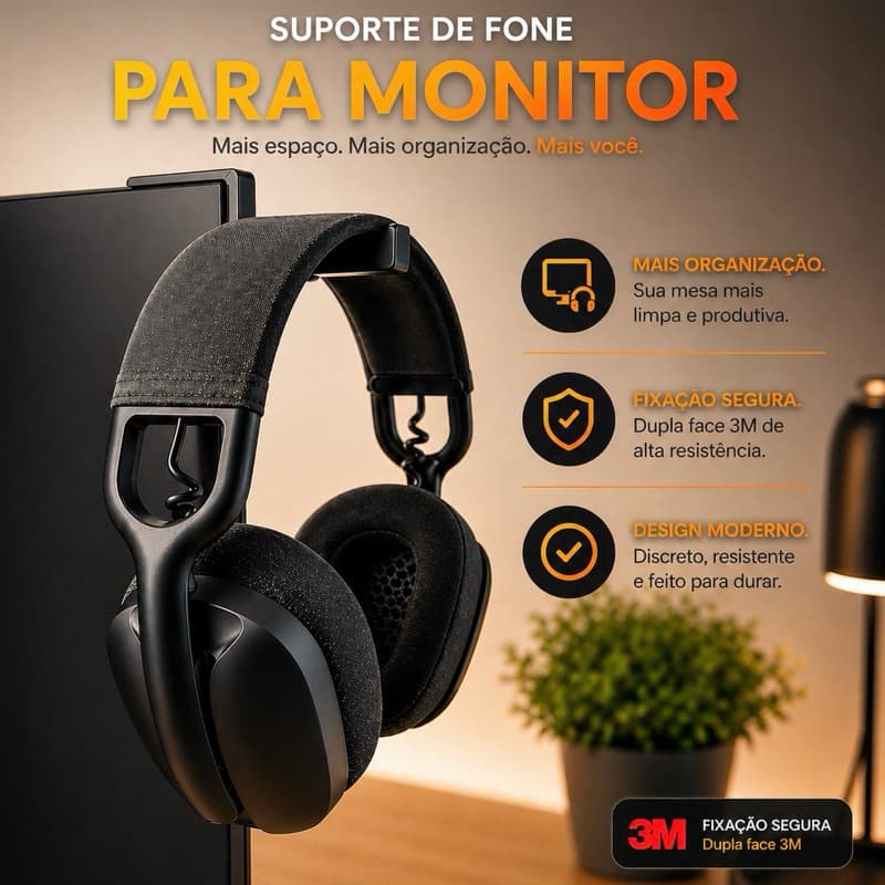 Suporte de Monitor Mesa para Fone de Ouvido - Gancho Lateral para Headset e Headphone