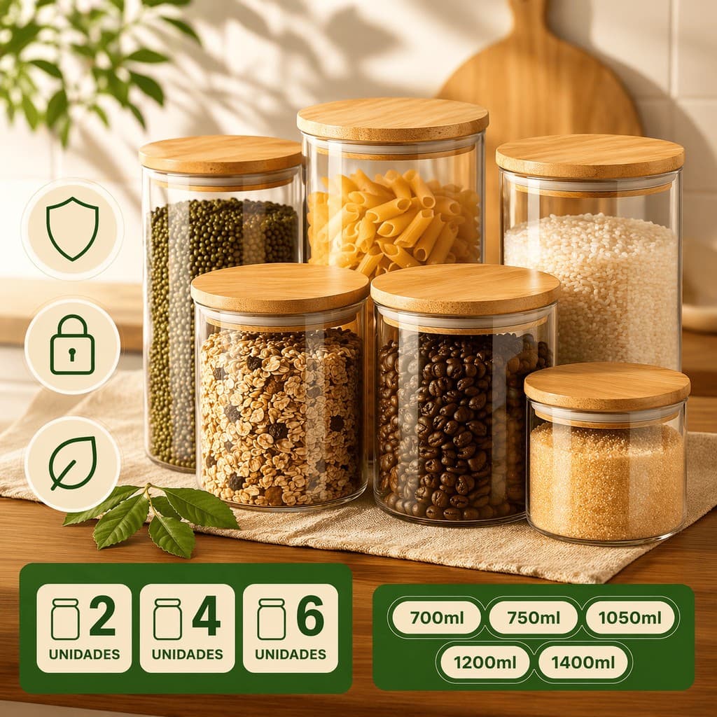 Kit Potes de Vidro Hermético com Tampa de Bambu  Porta Mantimentos 2x, 4x ,6x Unidades  700-1400ml