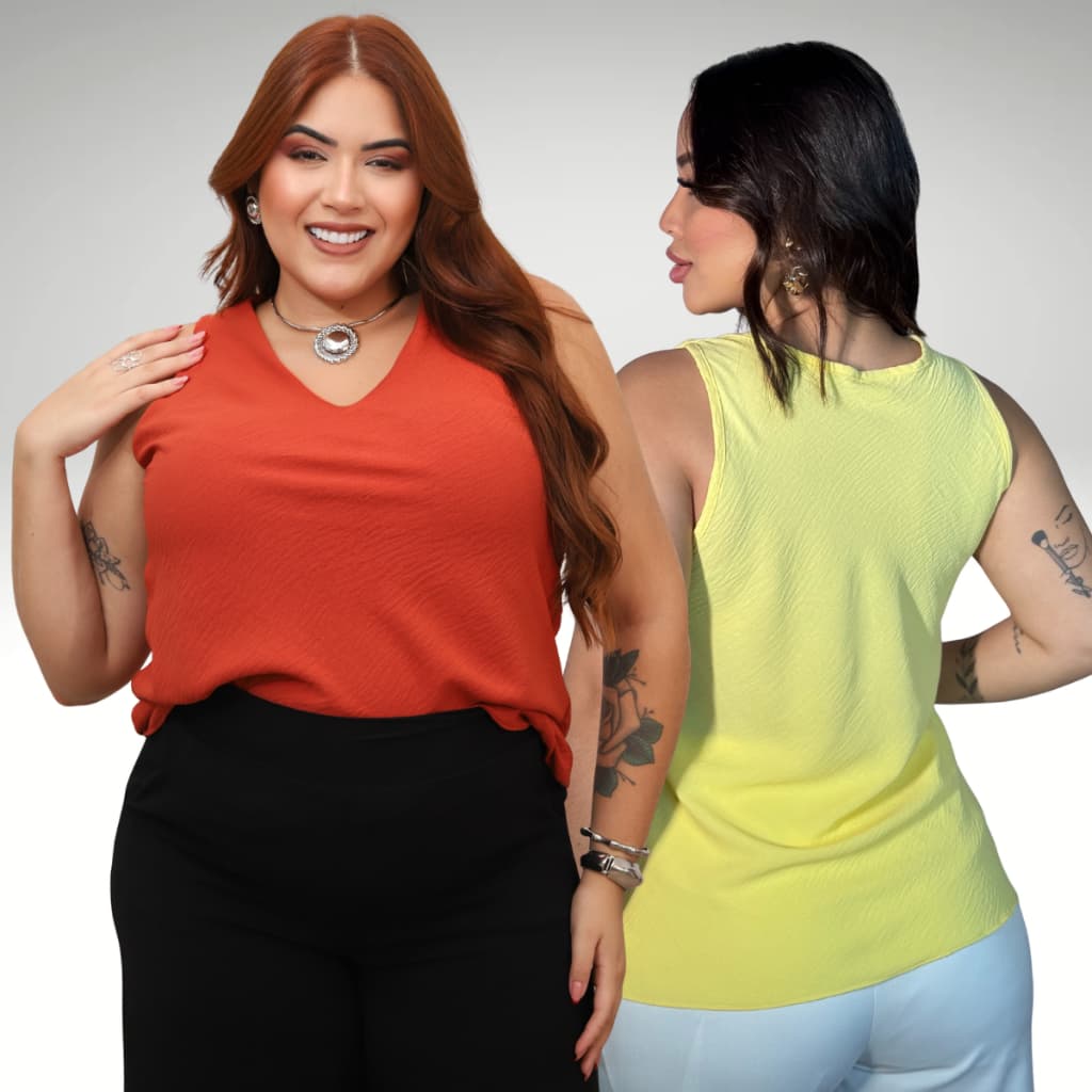 kit 2 Blusa Feminina  Regata Plus Size Alfaiataria Elegante Decote V