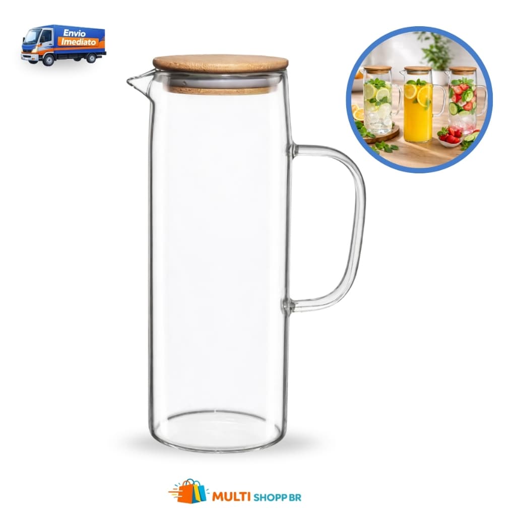 Jarra de Vidro Lehavi 1,2 Litros com Tampa de Bambu Ideal para Água Sucos Bebidas Elegante