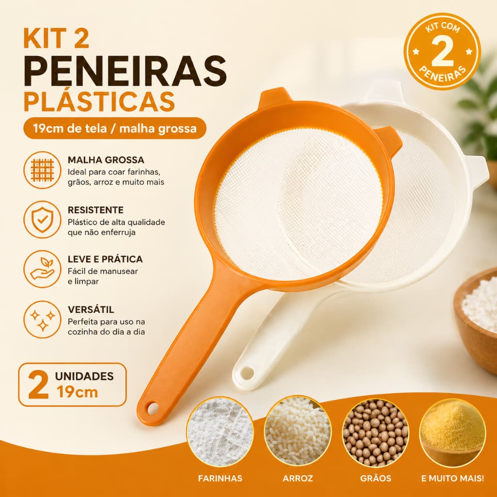 Kit 2 Peneira Plástica 19cm Malha Grossa Coador Cozinha Multiuso Resistente