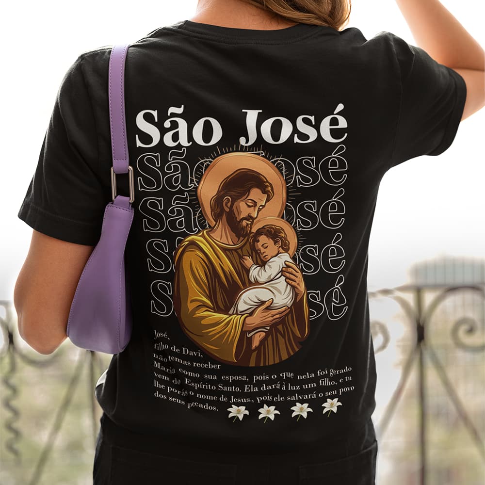 Camiseta Feminina T-shirt São José Religiosa Estampa Costas Estilo Devocional