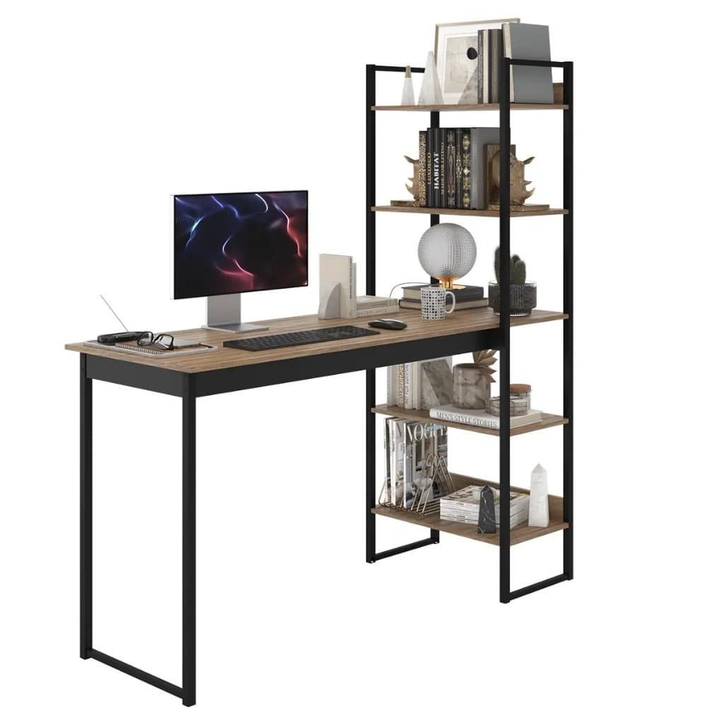 Mesa Industrial com Rack Lateral Estante 5 Prateleiras Pés de Metal Escrivaninha