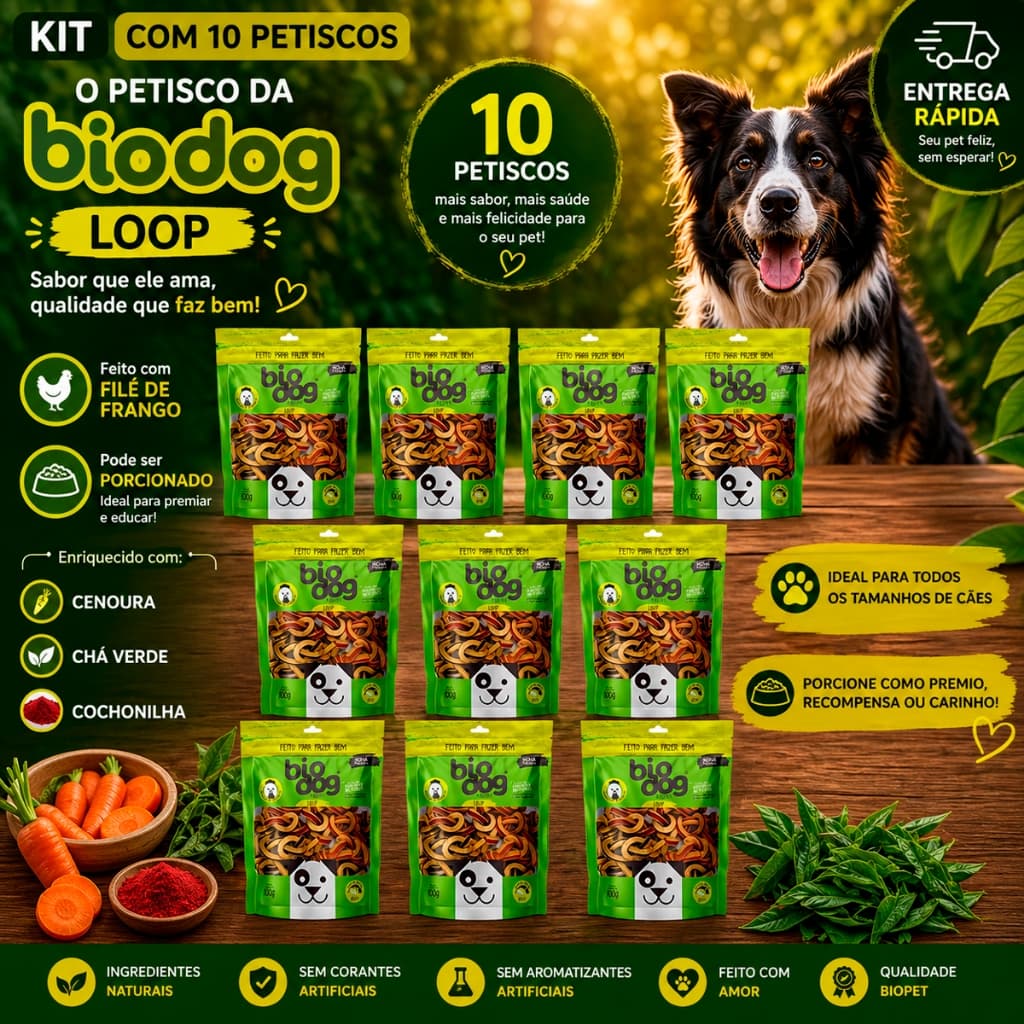 Kit 10 Bifinho Petisco Natural Snack Biscoito Biodog Mordedor Gourmet Loop