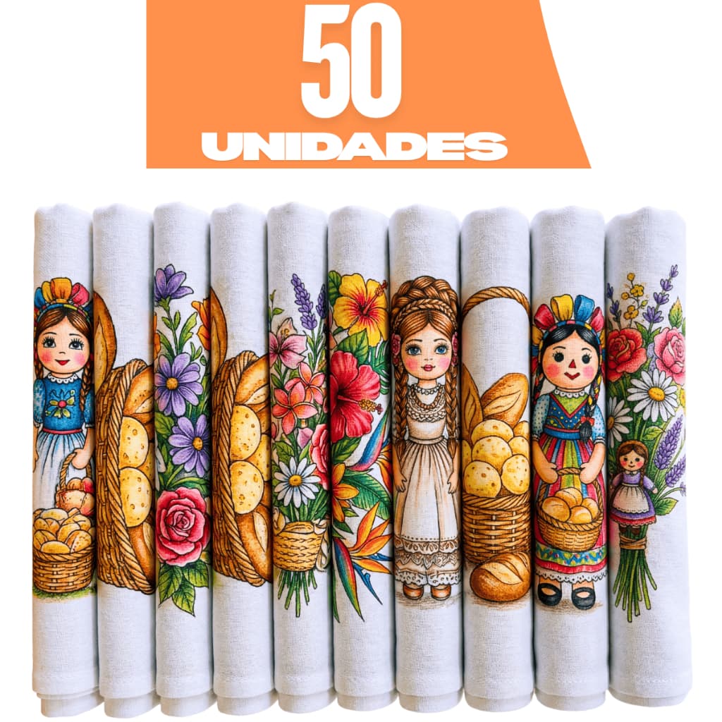 Kit 50 Panos de Prato Estampados 100% Algodão com Bainha Atacado