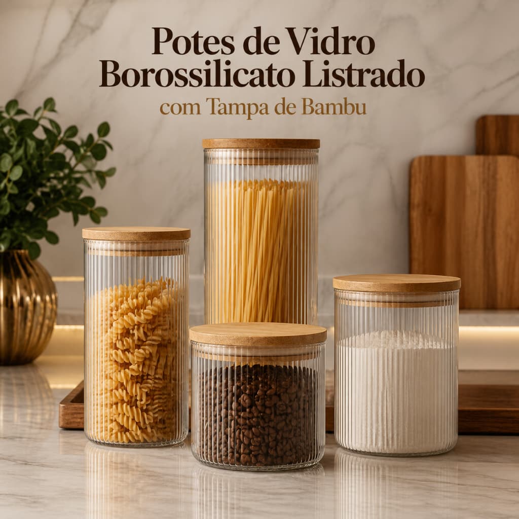 Potes de Vidro Borossilicato Listrado com Tampa de Bambu Hermética - Kit Premium Organizador