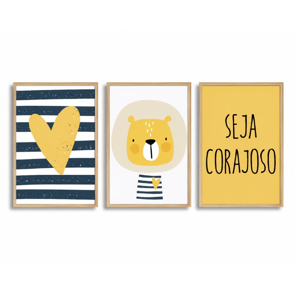 Kit 3 Quadros Decoração Infantil | Quarto Bebê Menino - Animais Safari, Leão No3
