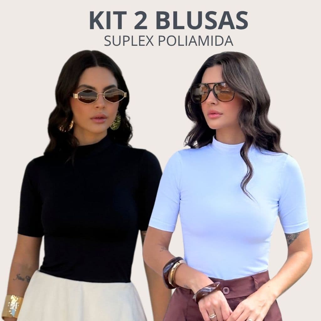 Kit 2 Blusas Feminina Manga Curta Gola Alta Preto e Branco Dia a Dia Casual