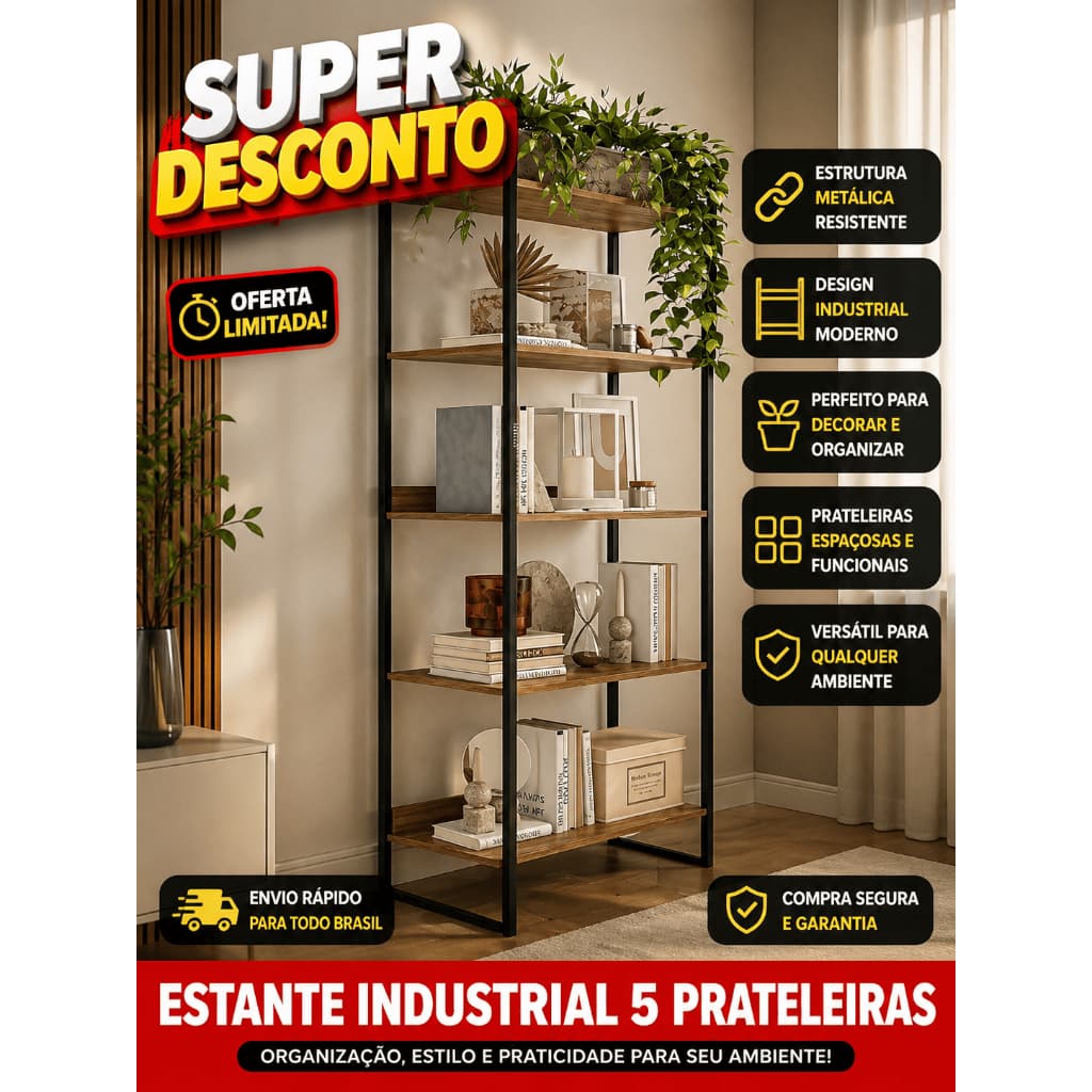 Estante 5 Prateleiras com Laterais de Ferro Modelo Industrial Rack Multiuso Sala Quarto Escritório
