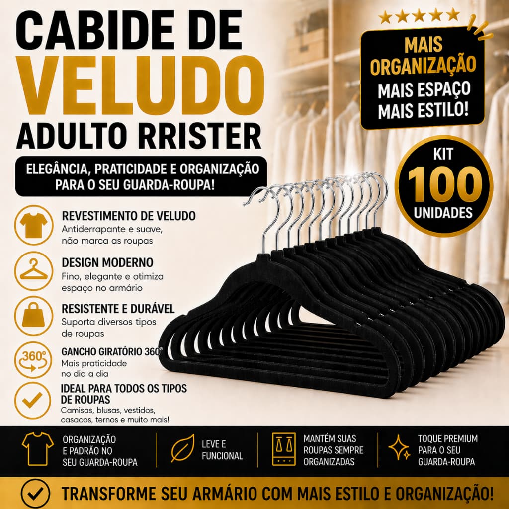 Kit 100 Cabides Veludo RRister Adulto Slim Antideslizante Ultra Fino Não Marca Roupas Economiza Espaço