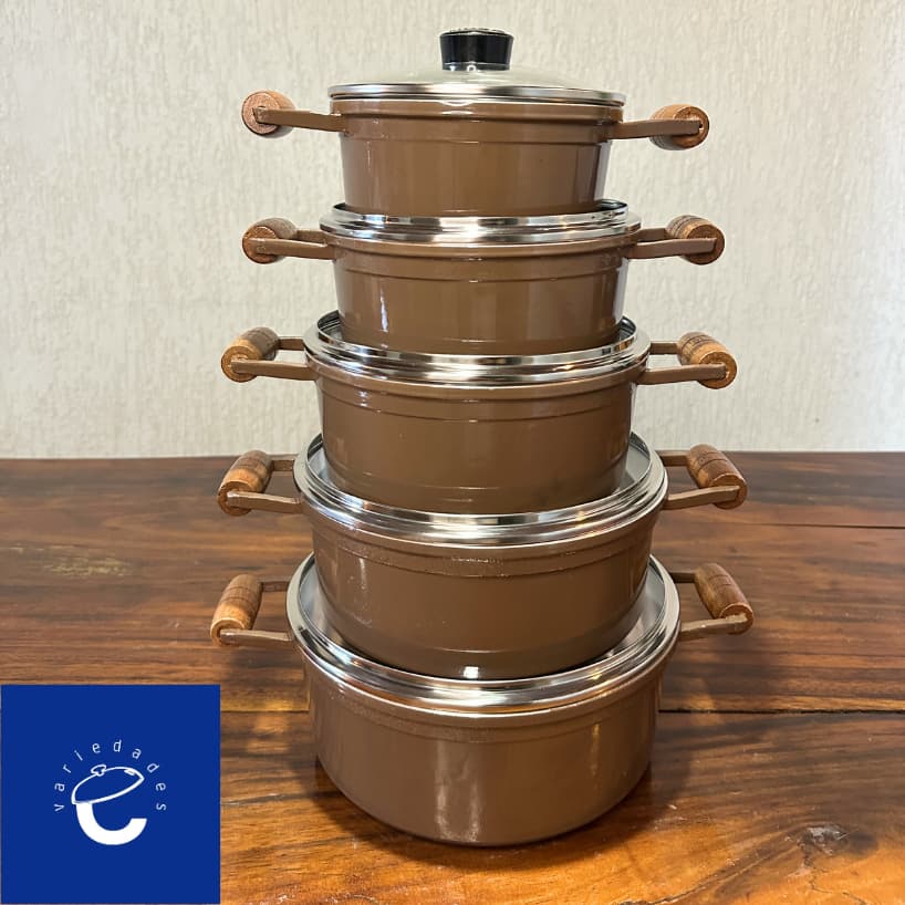 Jogo de Panelas CAVA CHOCOLATE Tampa De Vidro Aluminio Fundido Cabo Madeira Conjunto 5 peças 16-24