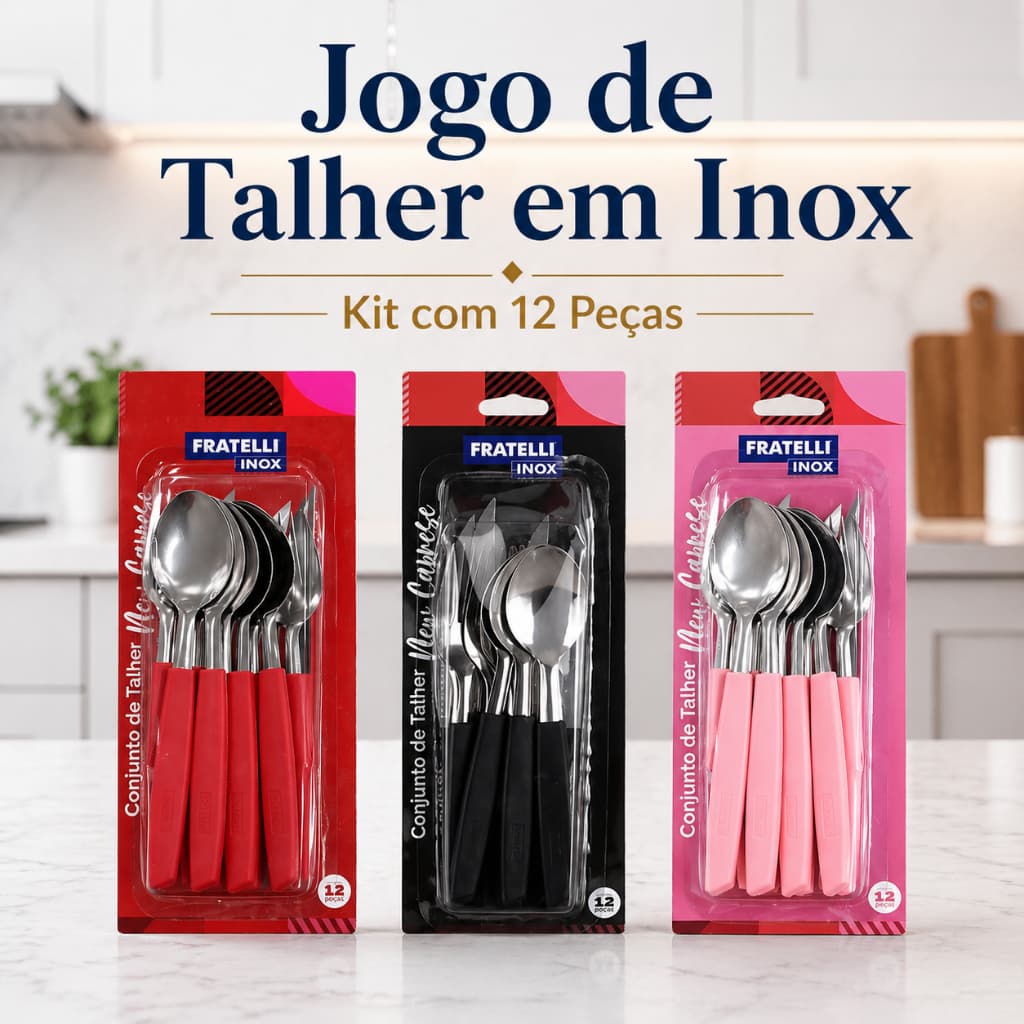 Conjunto Talheres 12 Peças Inox Cabo Preto Rosa Vermelho Jogo Garfo Faca Colher Faqueiro Mesa Posta