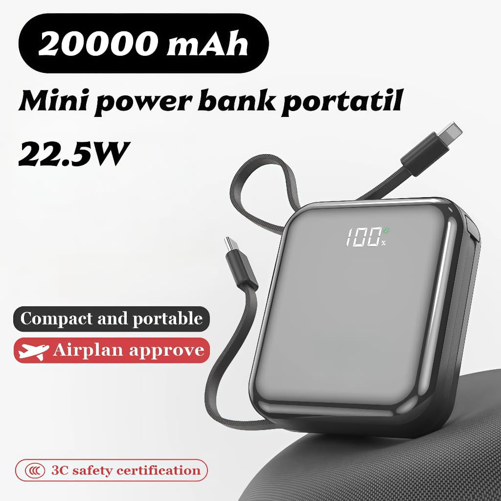 Mini power bank portátil 20.000 mAh com IOS e cabo Tipo C
