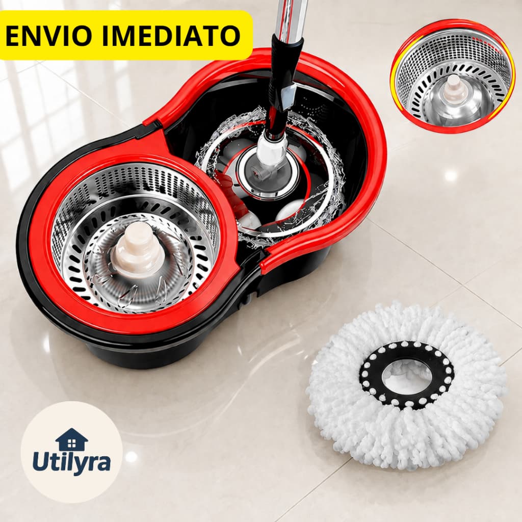Mop Esfregão Giratório 13 Litros Plástico 360° com Refil Balde e Cesto de Inox Cabo de 120 cm