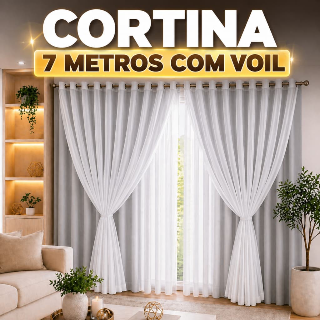 Cortina MADRI LUXO 7,00 x 2,50 c/ VOIL Branco -  Decoração Moderna, Quarto, Sala, Escritório, Janela
