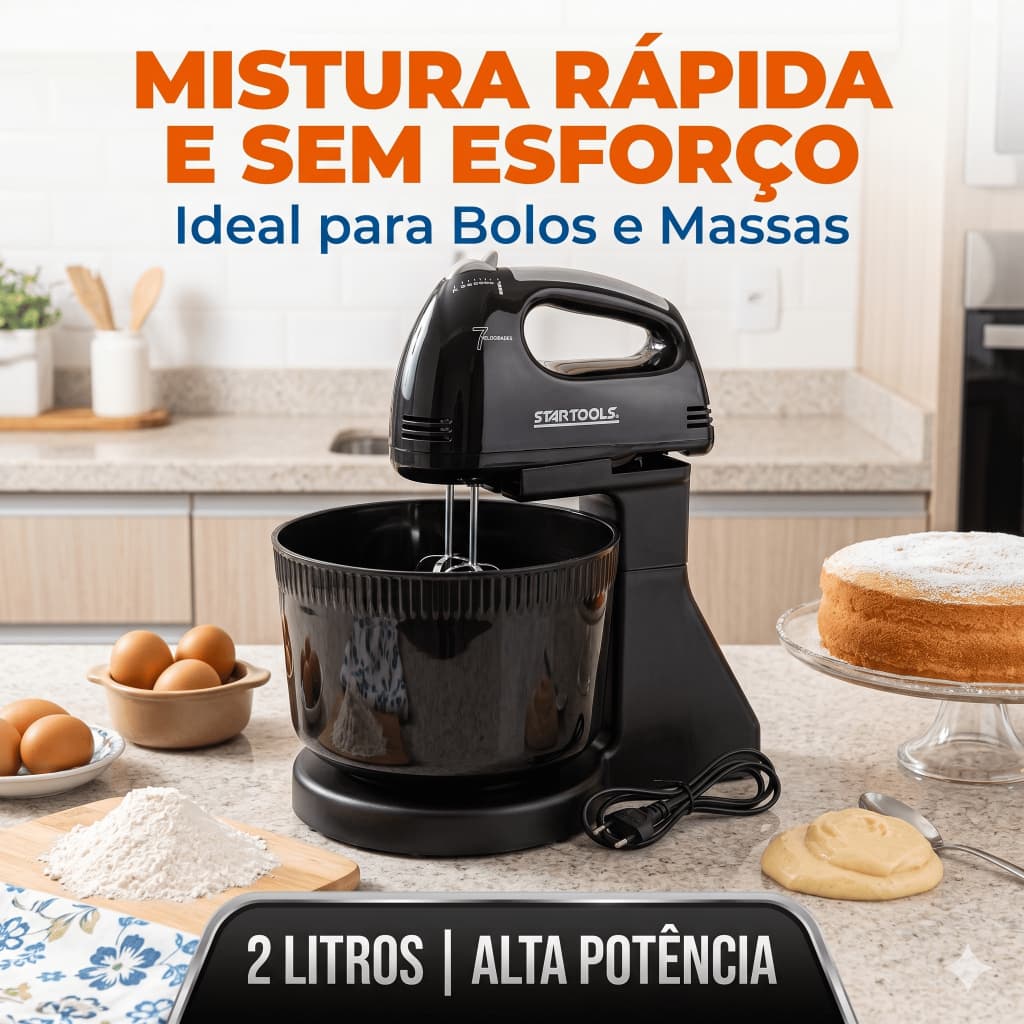 Batedeira Elétrica 2L Potente com Tigela 5 Velocidades para Bolos e Massas Cozinha Prática 127V/220V