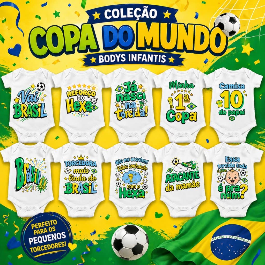 Body Bebê Infantil Copa do Mundo Brasil Futebol Estampado Confortável