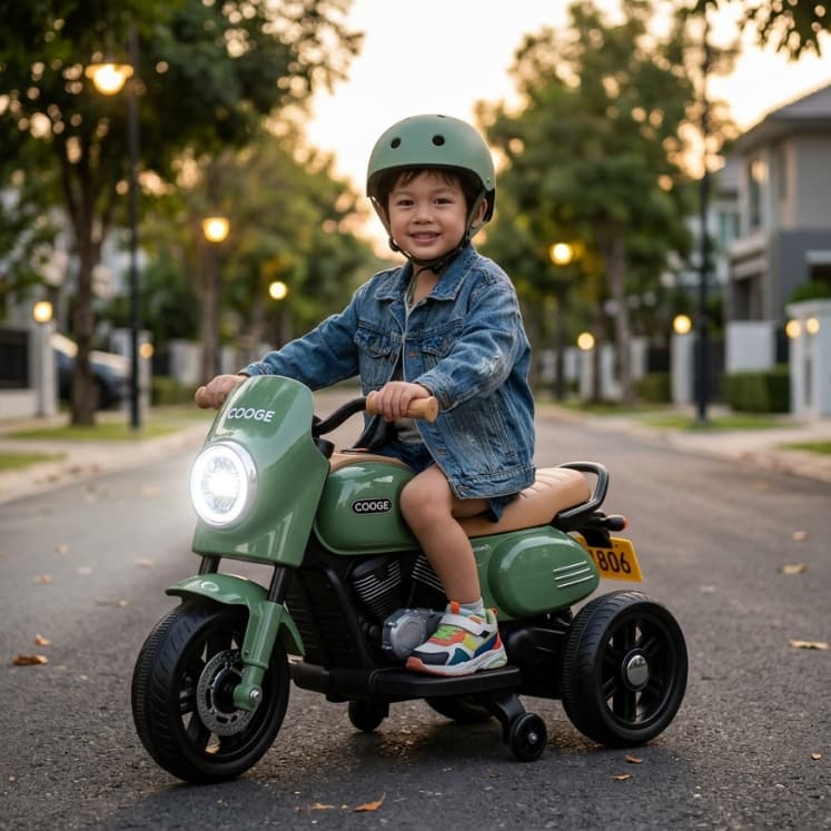 Moto Elétrica Infantil Retrô Verde com LED, Música e Rodinhas Laterais Até 30kg