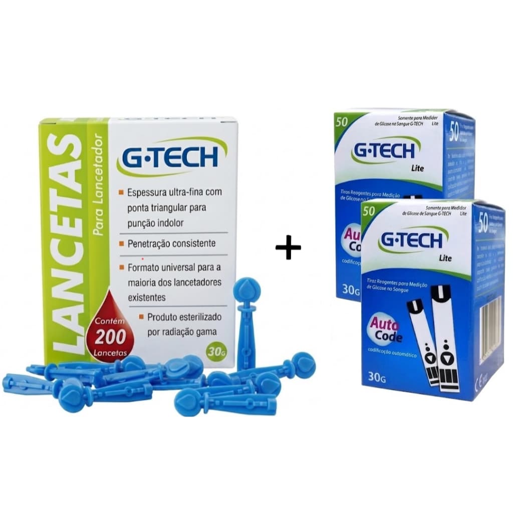 Kit Tiras de teste G-Tech Free Lite c/ 100 unidades + Lancetas G-Tech 30G 100 un.