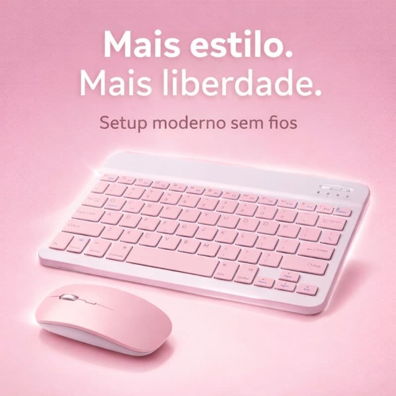 Teclado e Mouse Bluetooth Sem Fio Rosa Kit Slim Recarregável Para Notebook Tablet