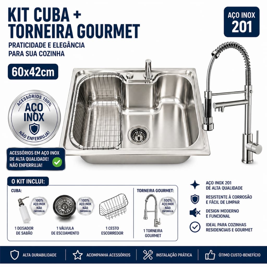 Cuba para Cozinha Gourmet Pia Aço Inox 60x42 com Torneira de Água Quente/Fria Na Cozinha Moderna