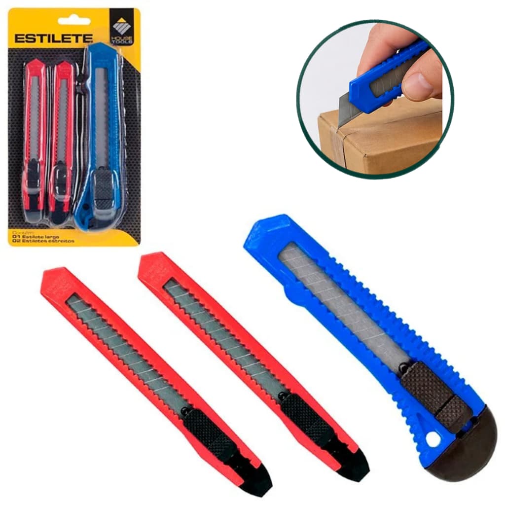 Kit 3 Estiletes Laminas Retrateis estilete leve Profissional Escolar Antiferrugem Trava Segurança