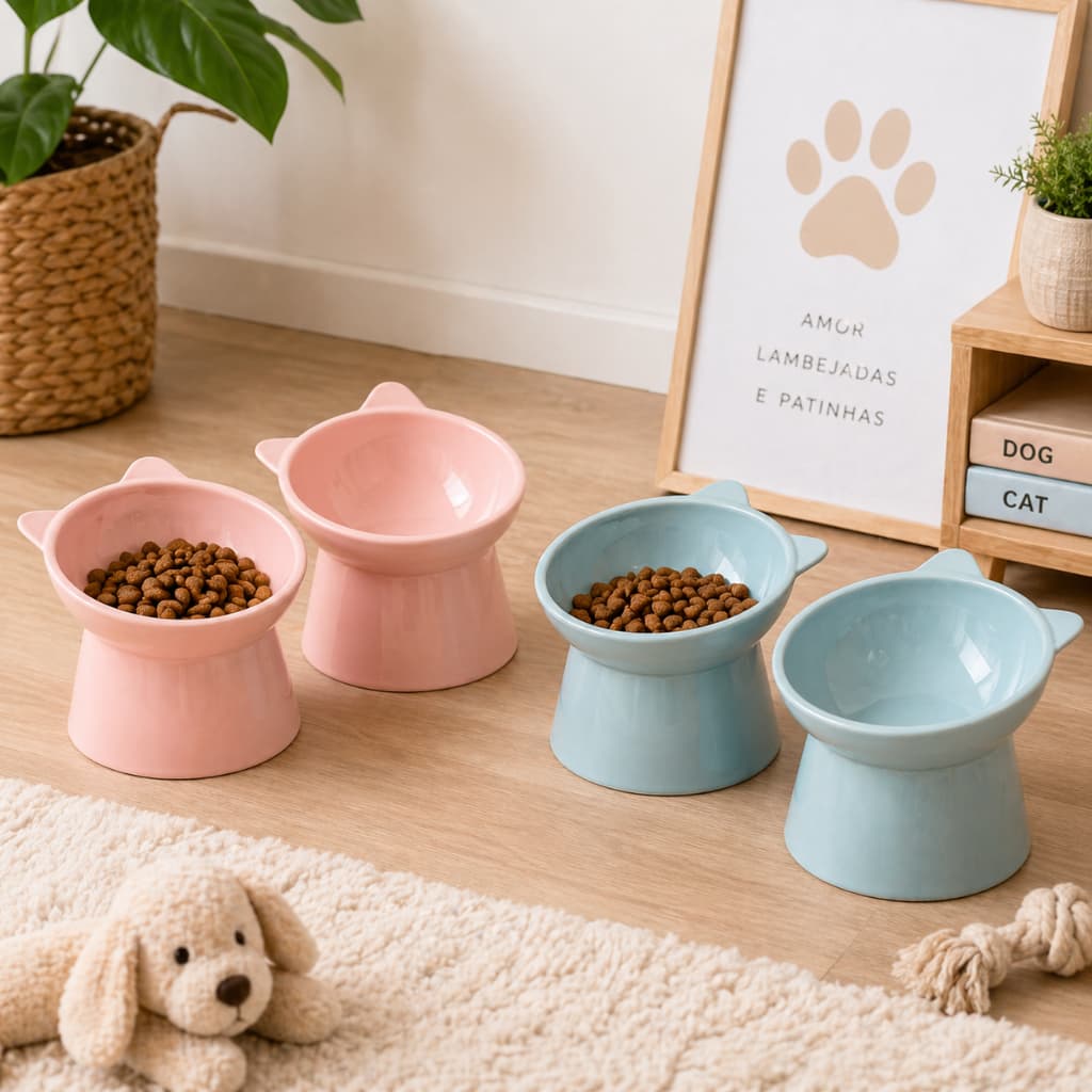 Kit Com 2 Comedouro Bebedouro Elevado Gatos Cães Inclinado Ração Água Altura Ideal