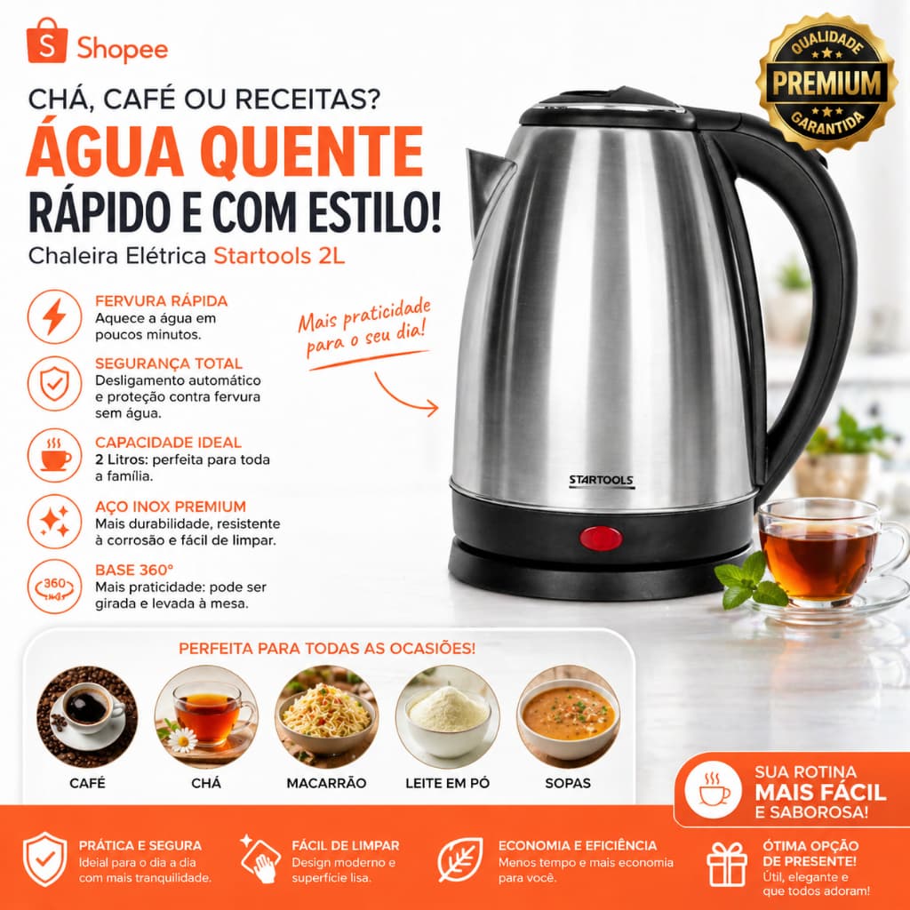 Chaleira Elétrica Jarra 2L Inox 127V e 220V Café Chá Ferve Rapido Potente Segura Bule Desliga Automático Base 360