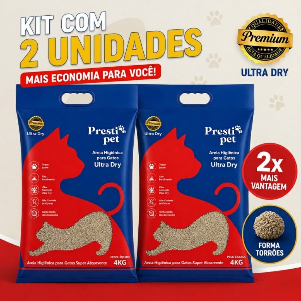 Kit 2 Areia Higiênica para Gatos Ultra Dry Presti Pet 8kg