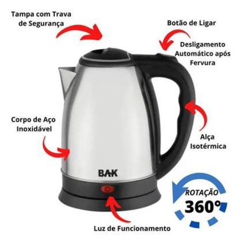 Chaleira Elétrica Inox 1,8L 220V - Desligamento Automático, Base Giratória, saldão produto com avarias, limpa estoque
