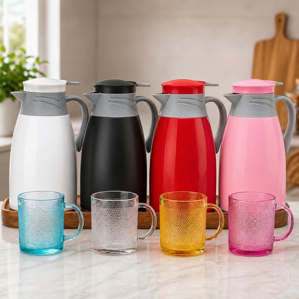 Kit Garrafa Térmica 1L + 4 Canecas de Vidro 190ml Coloridas Premium Café Chá Água Suco Cozinha