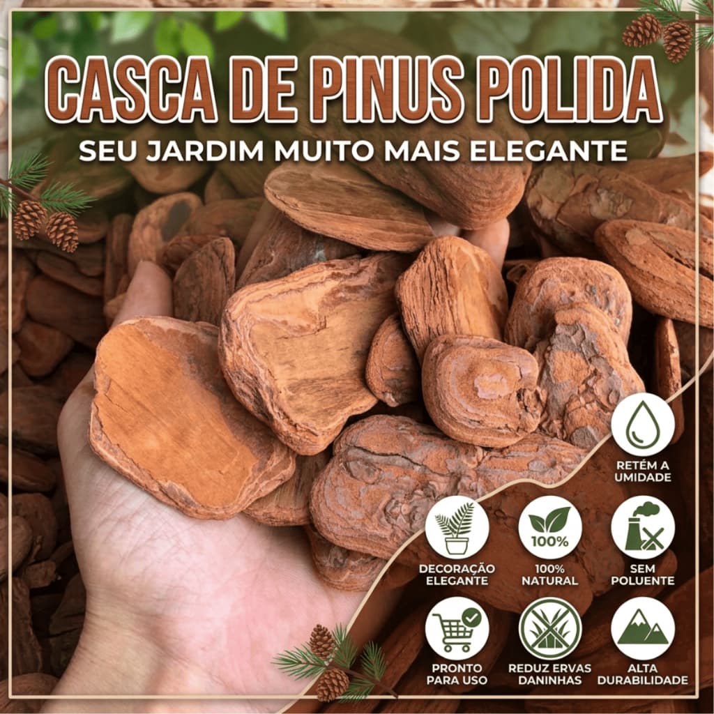 Casca de Pinus Polida 6L a 40L - Decoração de Jardim Vasos de Planta Canteiros Condominio