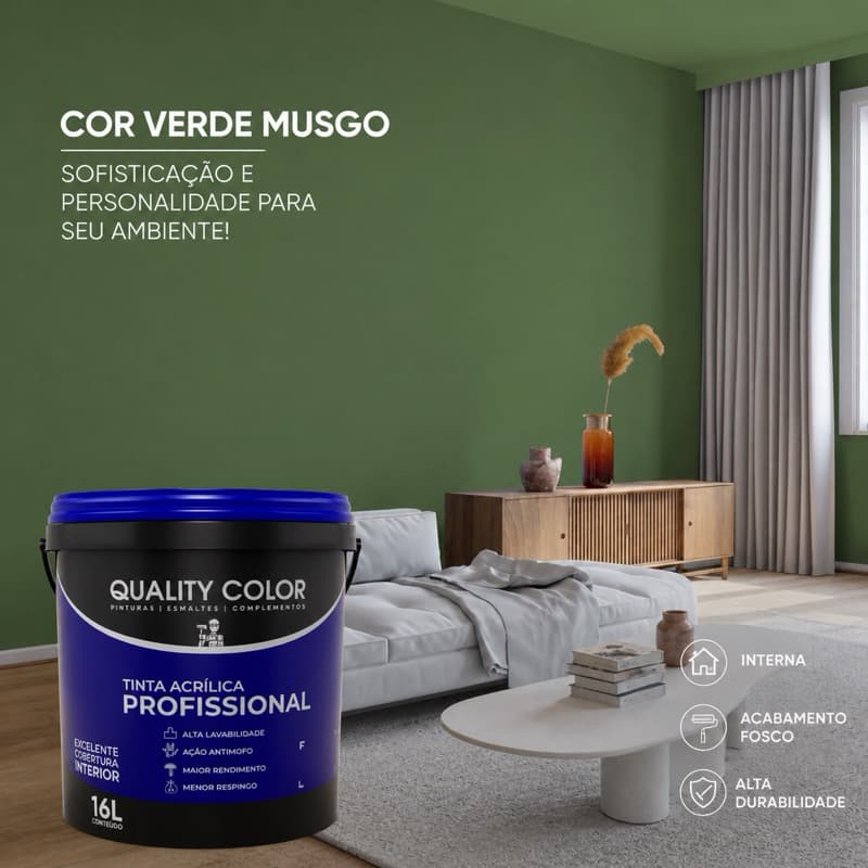 Tinta Acrílica Interna Verde Musgo Profissional 16L Alta Cobertura Secagem Rápida