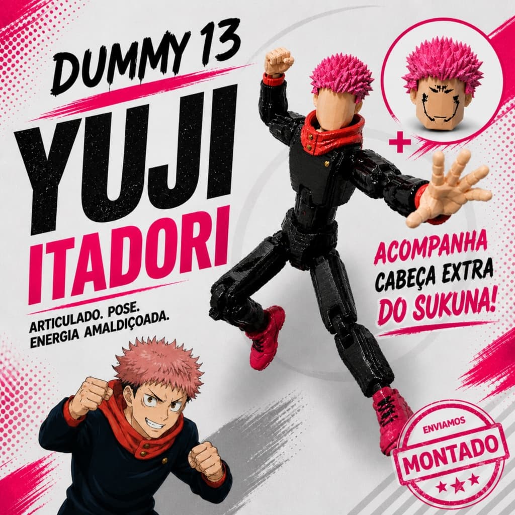 Boneco Yuji Itadori Articulado Dummy 13 | Jujutsu Kaisen | Cabeça Sukuna Extra | Action Figure 3D | Fidget | Montado