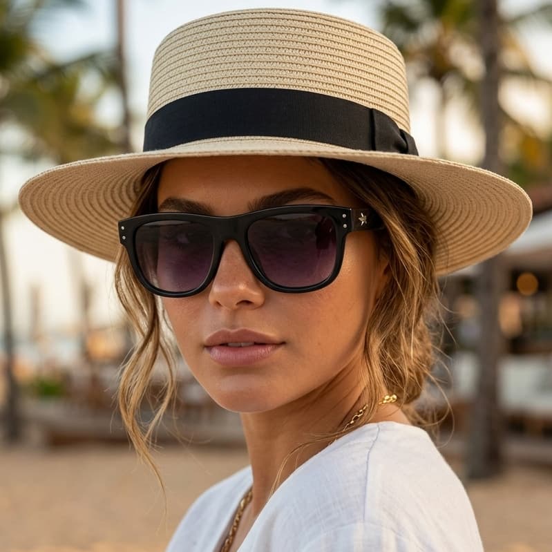 Kit Chapéu Paris Palha + Óculos MD-17 Lente Fumê Degradê UV400 Look Completo Verão Praia
