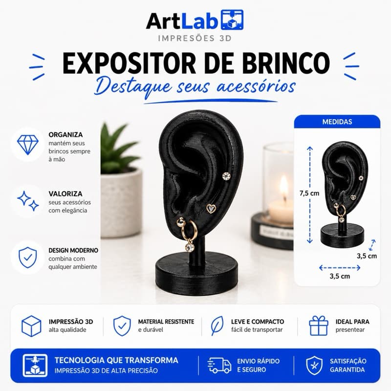 Kit Conjunto Expositor Mostruário Orelha para Brincos Argolas com Furos Preto e Branco