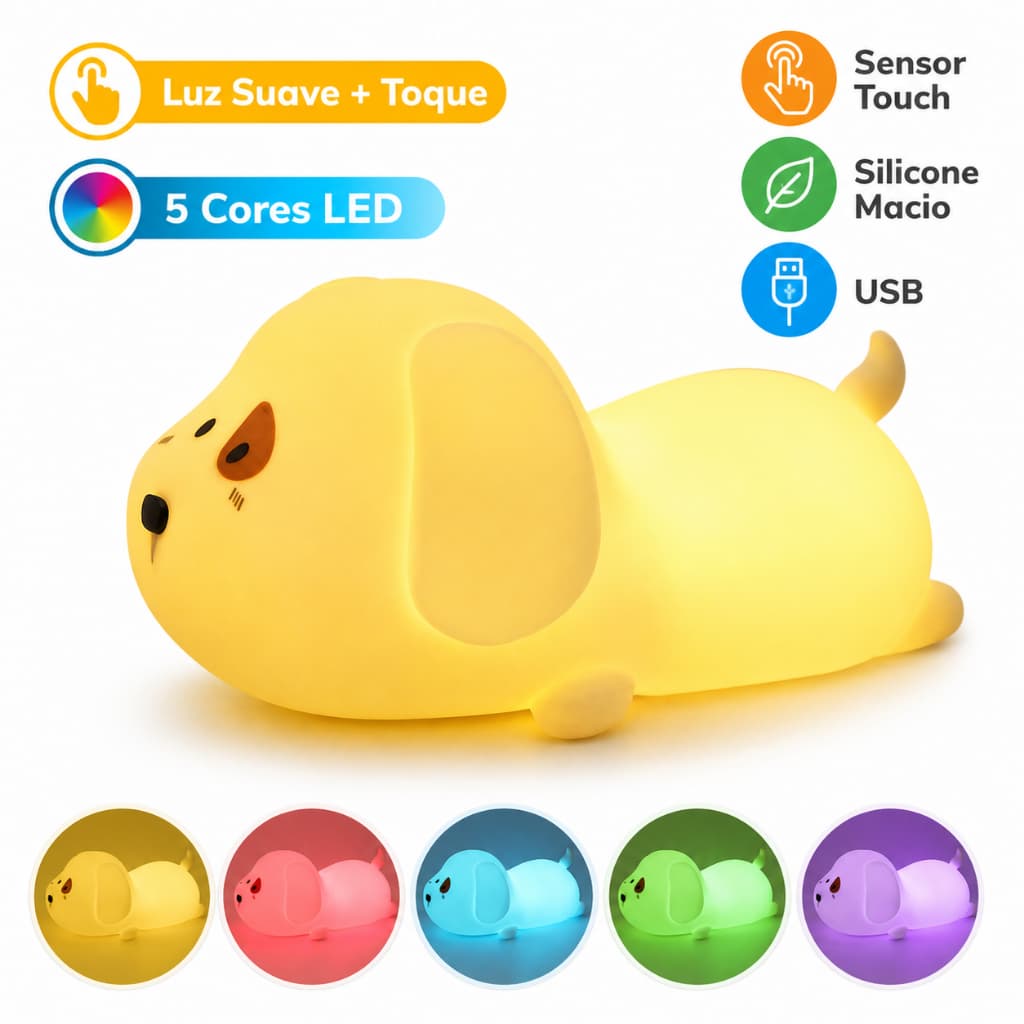 Luminária LED Cachorro Silicone Toque Colorida USB