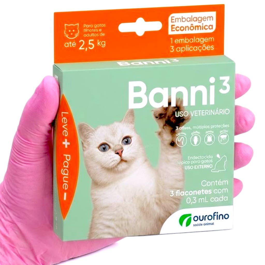 Remédio para Sarna, Vermes e Pulgas Em Pipetas Banni3 de Gatos Filhotes de até 2,5KG - Combo C/ 3