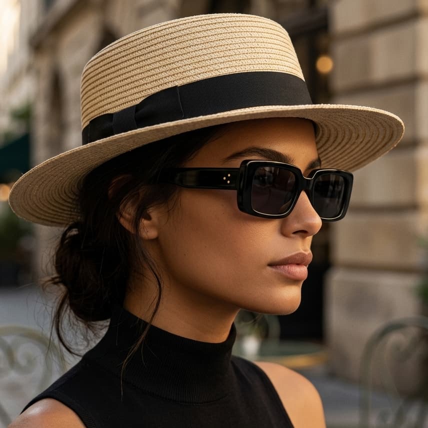 Kit Chapéu Paris Feminino Palha + Óculos Preto UV400 Retangular Estilo Moderno Verão Praia Luxo